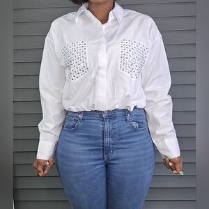 Fashion Nova Girl Soul White Studded Cropped Blouse SZ LG